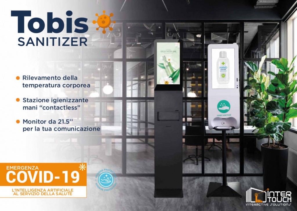 Tobis Hand Sanitizer All in one: Termoscanner – Digital Signage – Dispenser Gel Automatico Tobis Hand Sanitizer All in one: Termoscanner – Digital Signage – Dispenser Gel Automatico